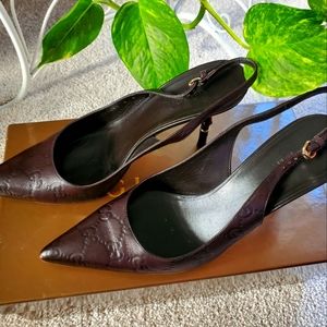 GUCCI Scar Pelle Cuoio Slingback Heels in Guccissima Soft Chocolate Sz. 8